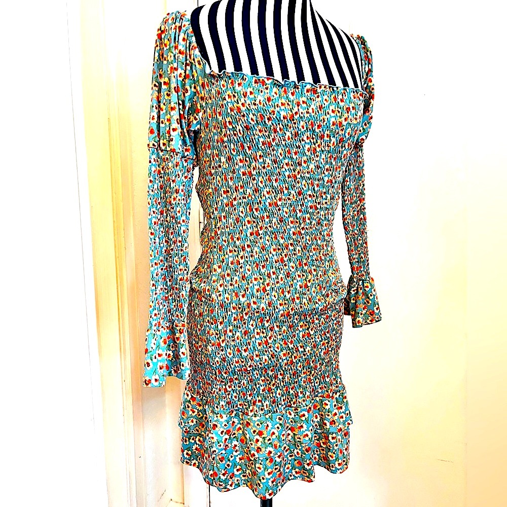 Vibe Blue and Orange Ruffled Pucker Sheath Dress with Bishop Sleeves Medium